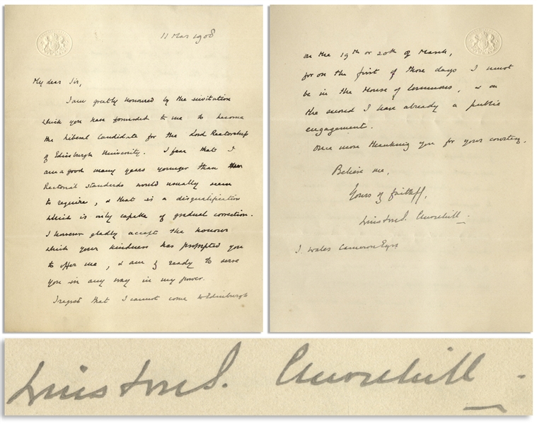 Winston Churchill Autograph Letter Signed -- ''...I am a good many years younger than Rectorial standards would usually seem to require...a disqualification...only capable of gradual correction...''